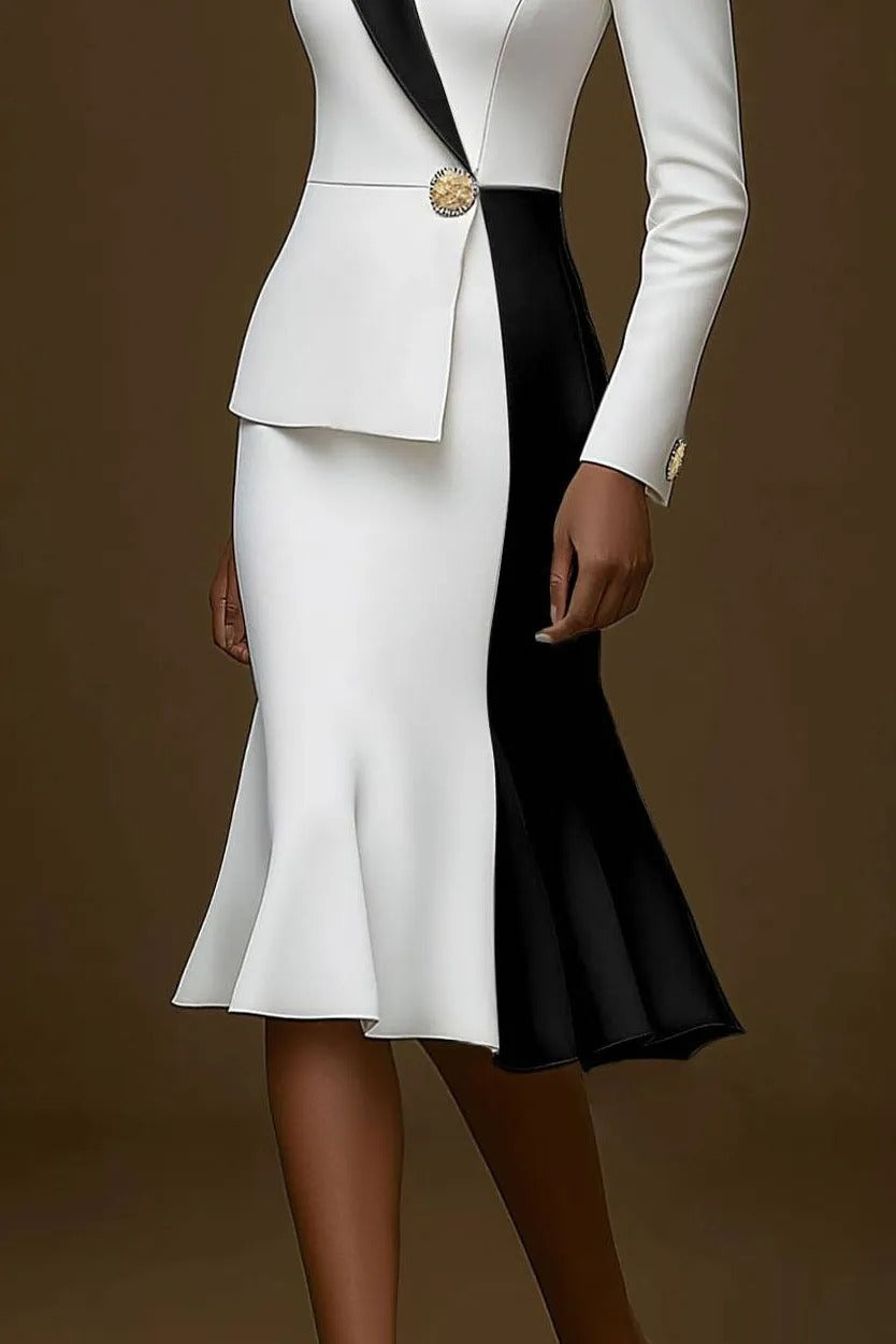 Colorblock Peplum Blazer Midi Dress with Flounce Hem