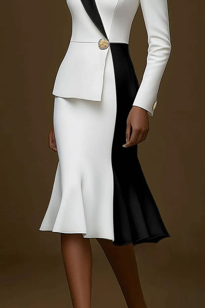 Colorblock Peplum Blazer Midi Dress with Flounce Hem
