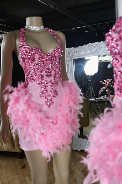 Crystal Beaded Halter Feather Mini Dress