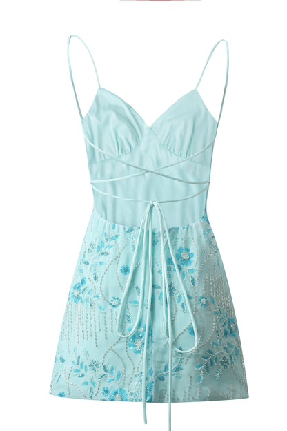 Sequined Floral Beaded Mini Dress with Lace-Up Back