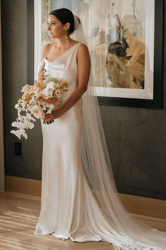 Asymmetrical Cowl Neck Satin Slip Wedding Dress