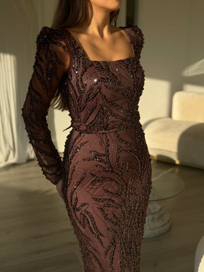 Beaded Square Neck Column Gown with Long Sleeves