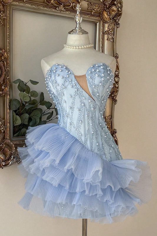 Asymmetrical Pearl Beaded Tiered Tulle Mini Dress