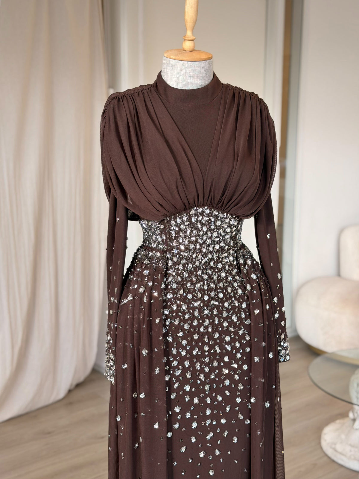 High-Neck Rhinestone Gown with Draped Bodice