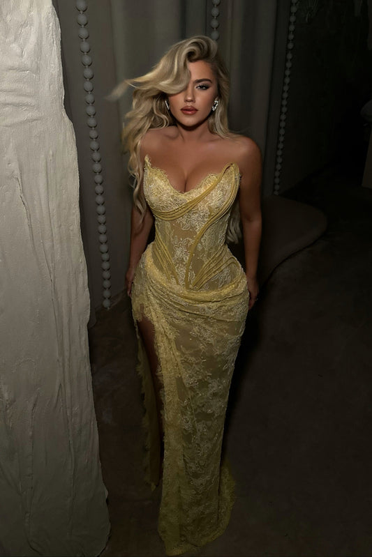 Strapless Lace Corset Maxi Dress with High Slit
