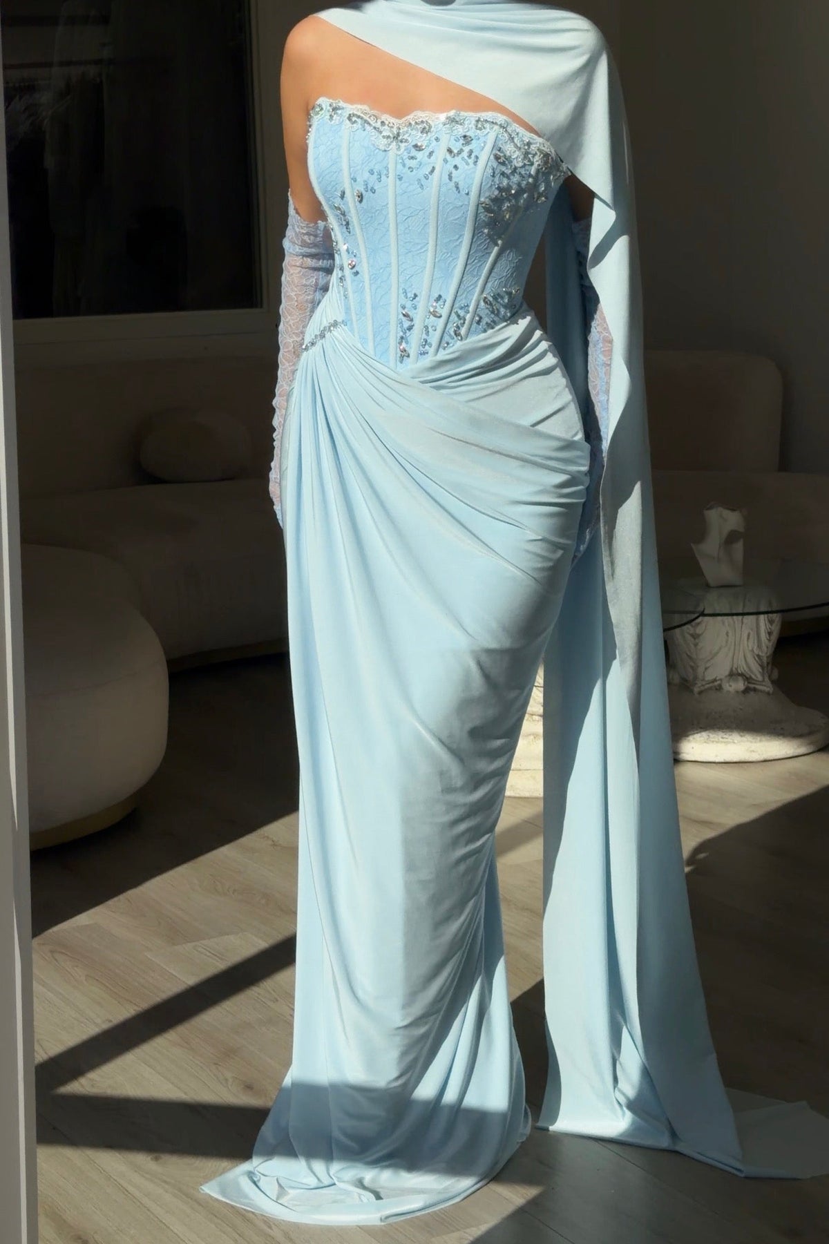 Corset Gown with Scarf Neckline and Gloves