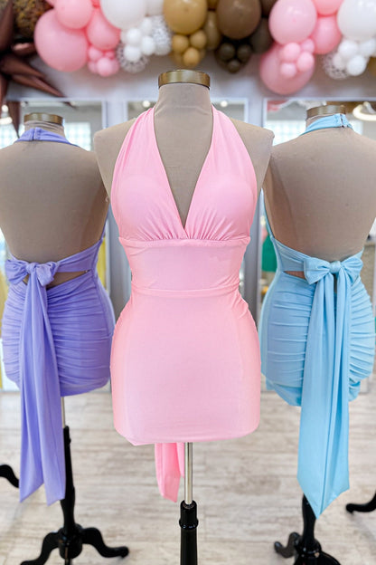 Halter Ruched Bodycon Mini Dress with Tie Back