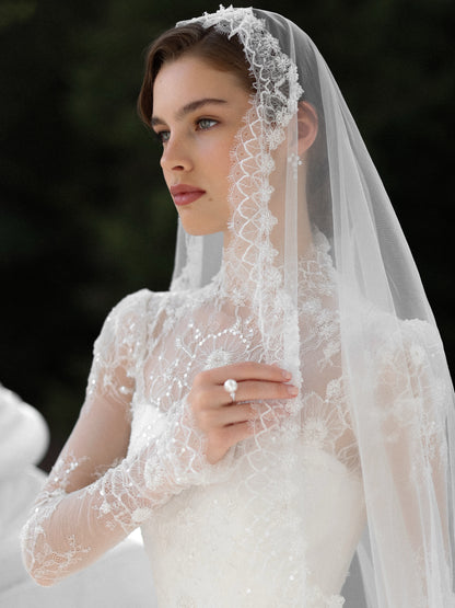 High Neck Long Sleeve Lace A-Line Wedding Dress