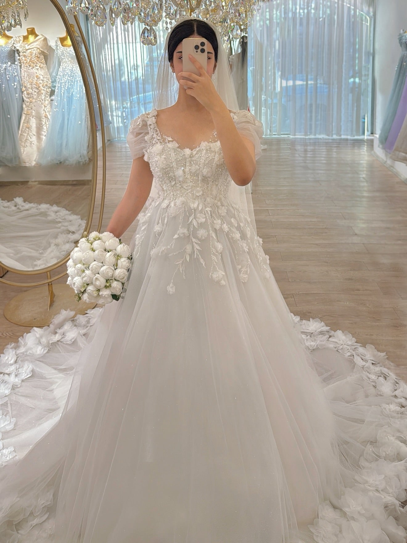 3D Floral Applique Tulle A-Line Wedding Dress
