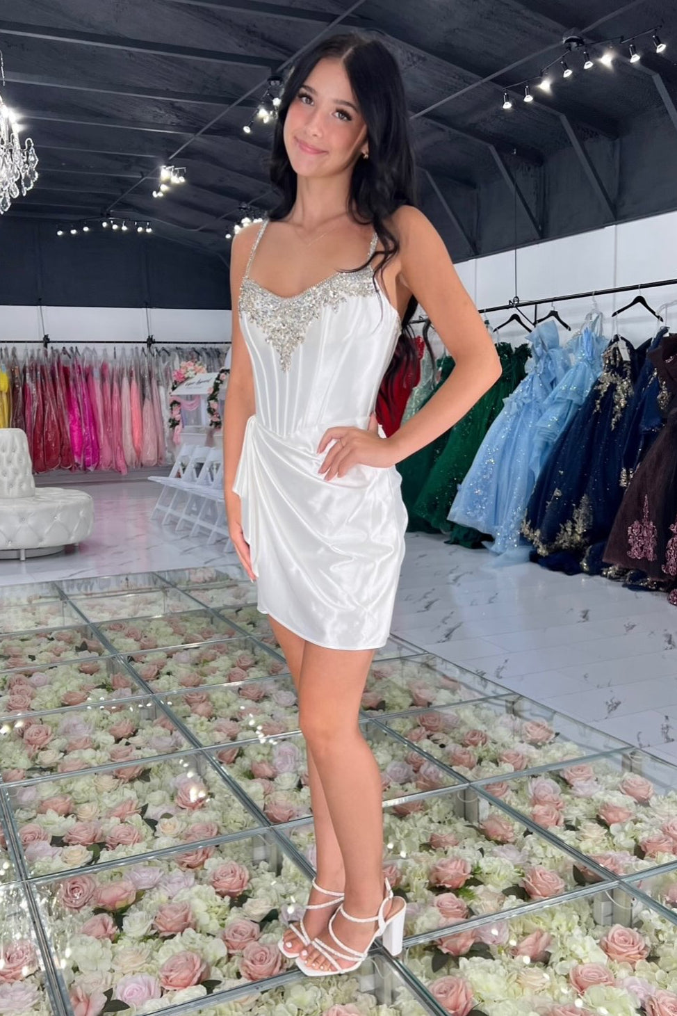 Beaded Satin Mini Dress with Corset Back