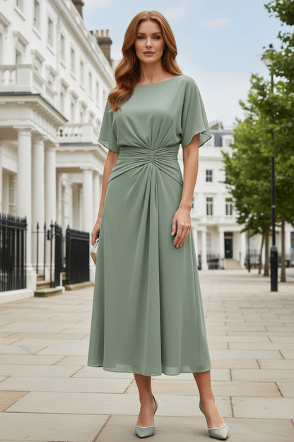 A-Line Midi Dress with Ruched Waist and Flutter Sleeves