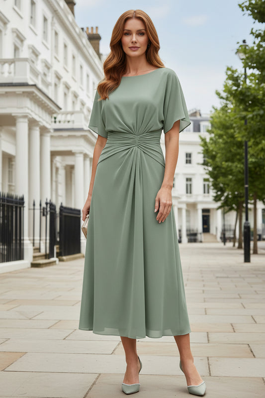 A-Line Midi Dress with Ruched Waist and Flutter Sleeves
