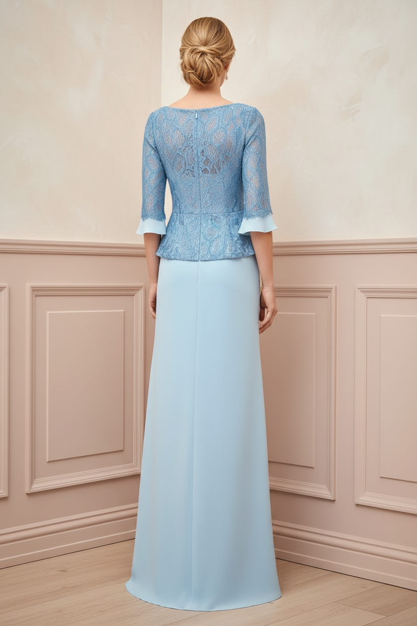 Lace Bodice 3/4 Sleeve Peplum Evening Gown