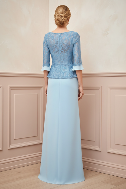 Lace Bodice 3/4 Sleeve Peplum Evening Gown