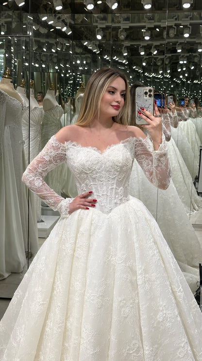 Lace Off-the-Shoulder Corset Ball Gown Wedding Dress