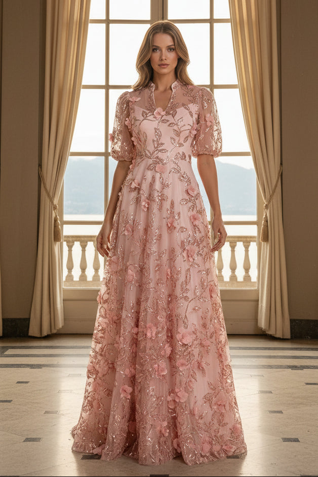 Sequin Floral Applique A-Line Evening Gown