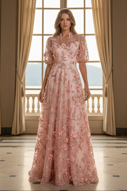 Sequin Floral Applique A-Line Evening Gown