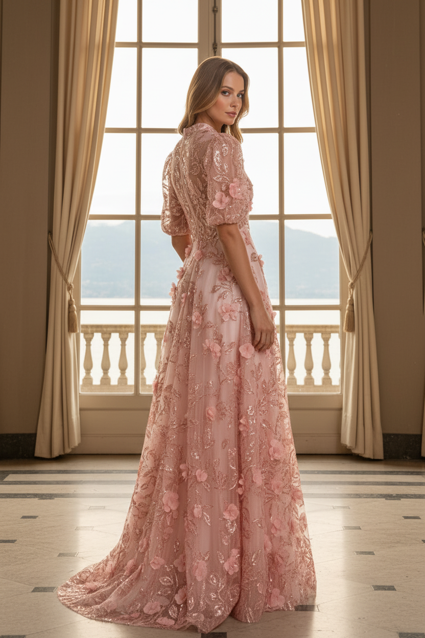 Sequin Floral Applique A-Line Evening Gown