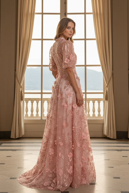 Sequin Floral Applique A-Line Evening Gown