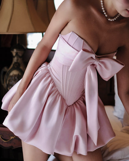 Strapless Satin Corset Bubble Dress with Bow