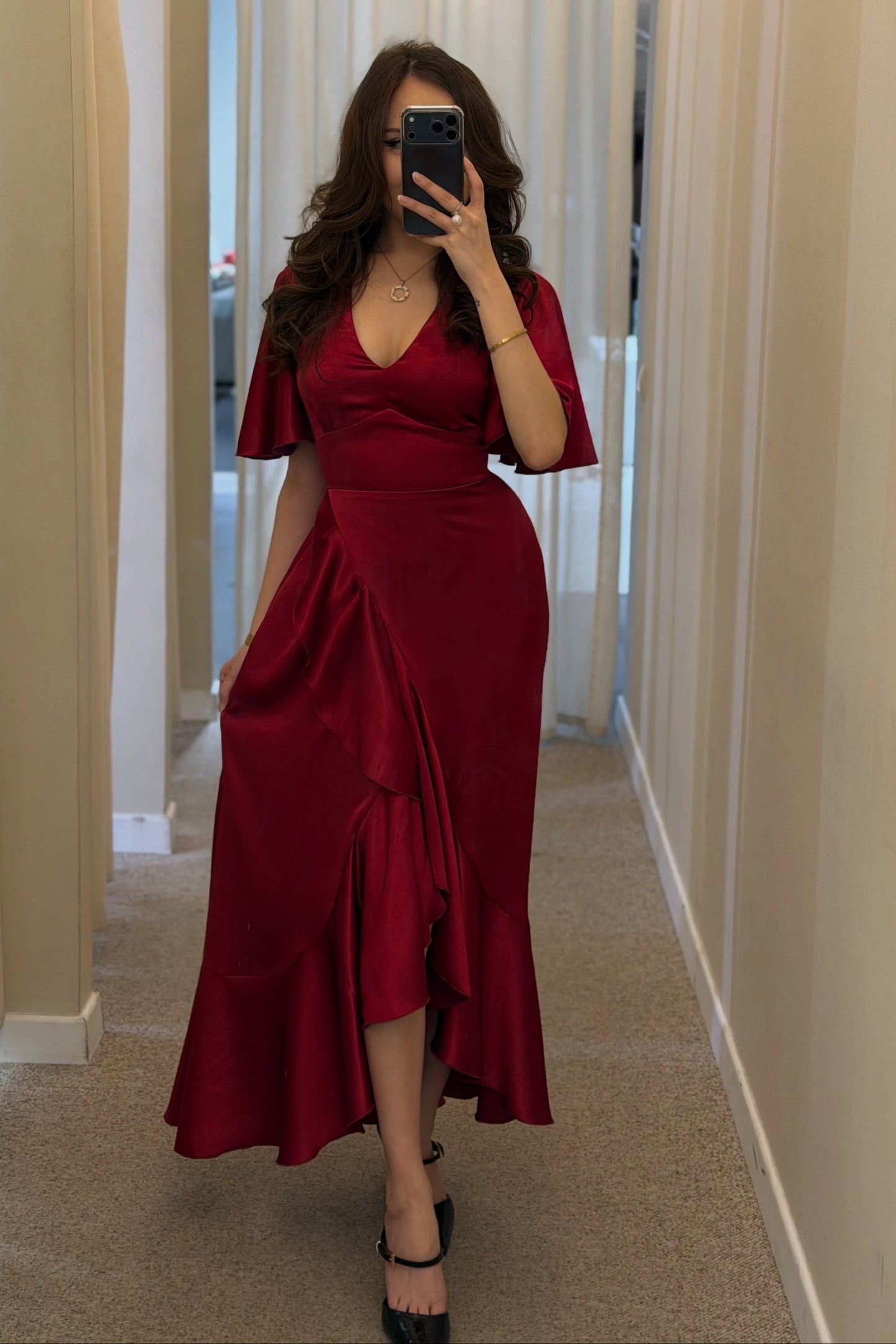 Flutter Sleeve V-Neck Satin High-Low Dress