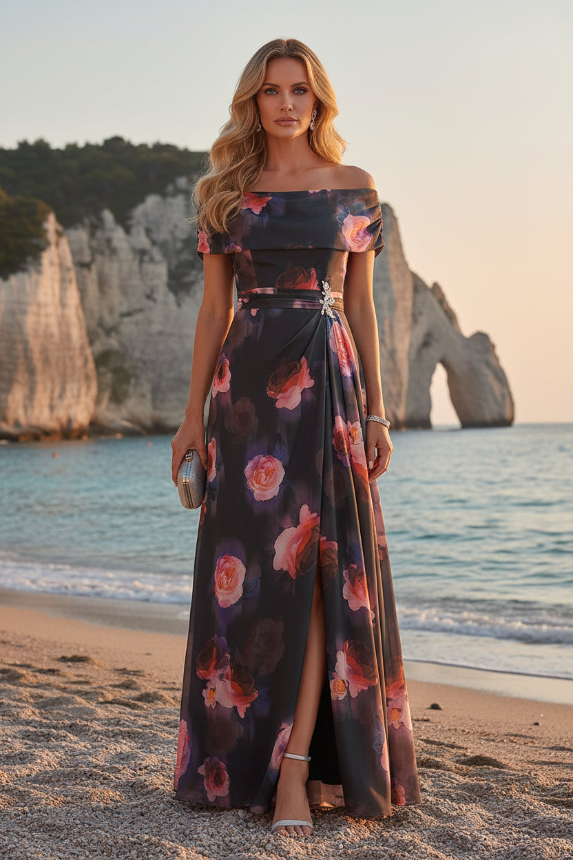 Off-the-Shoulder Floral Print Maxi Dress with High Slit