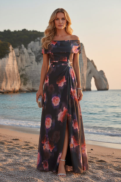 Off-the-Shoulder Floral Print Maxi Dress with High Slit