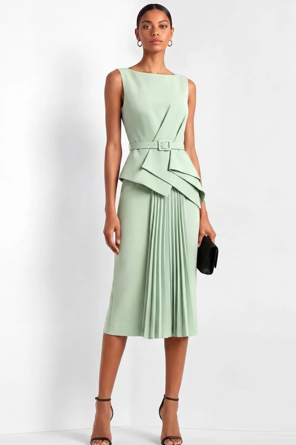 Belted Asymmetrical Peplum Midi Dress