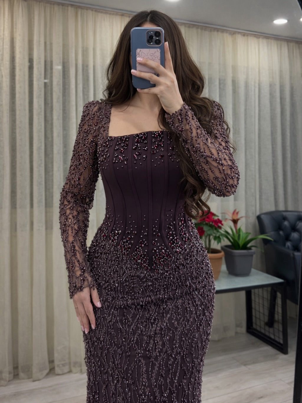 Beaded Long Sleeve Mermaid Evening Gown