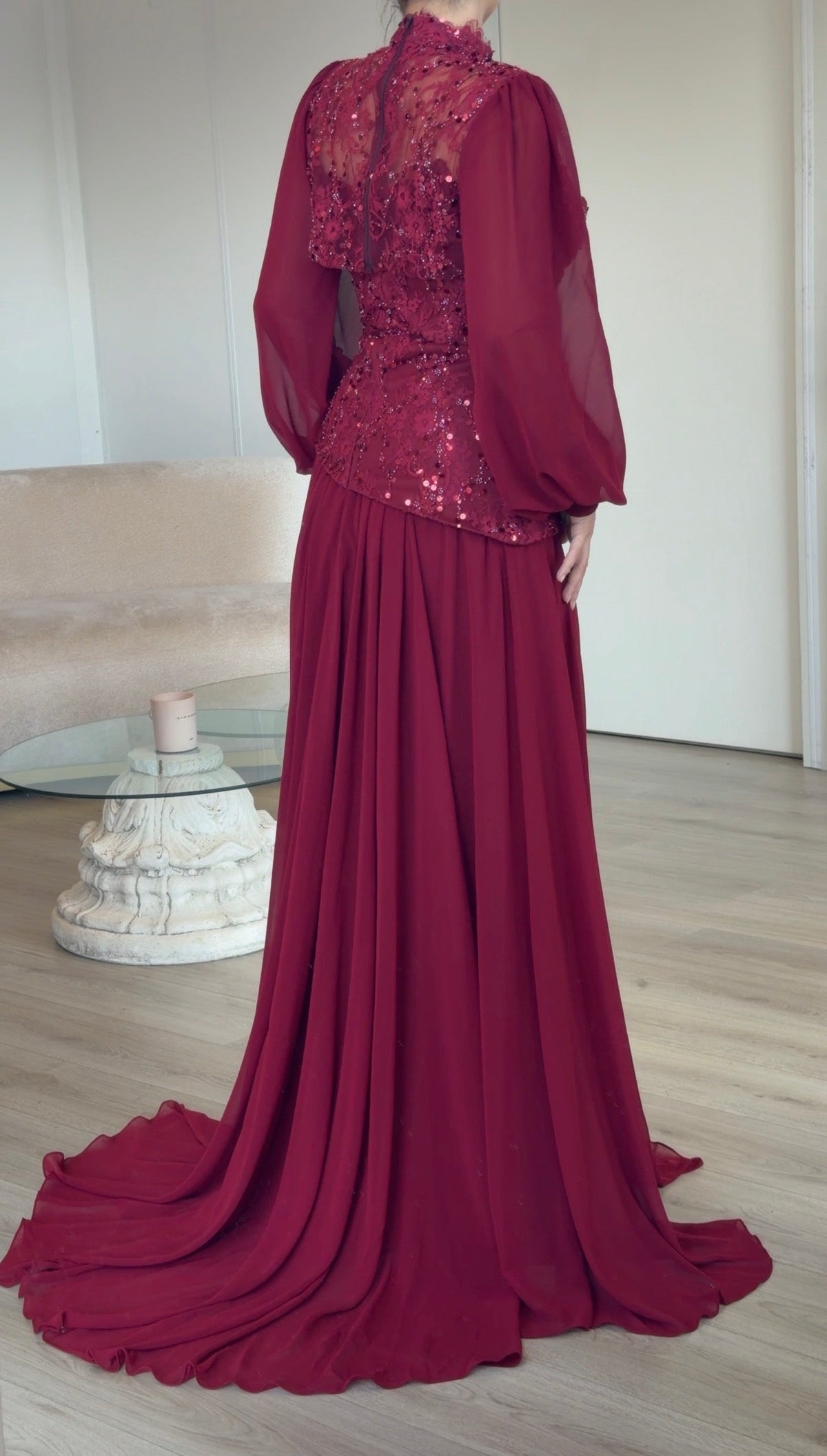 High Neck Cut-Out Gown with Sequin Bodice