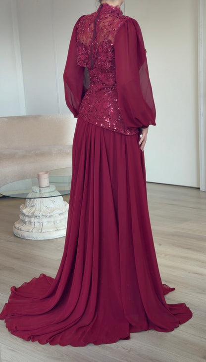 High Neck Cut-Out Gown with Sequin Bodice
