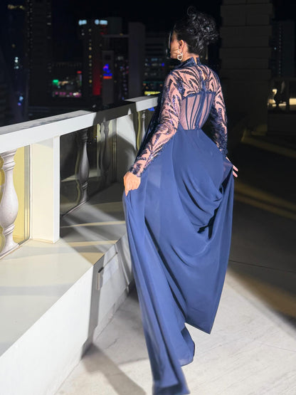 High-Neck Corset Evening Gown with Side Cape and Slit