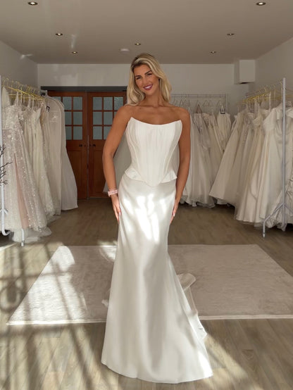 Corset Satin Wedding Dress with Lace Sleeves