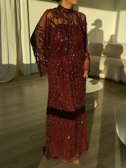 Beaded High-Neck Gown with Sheer Cape Sleeves