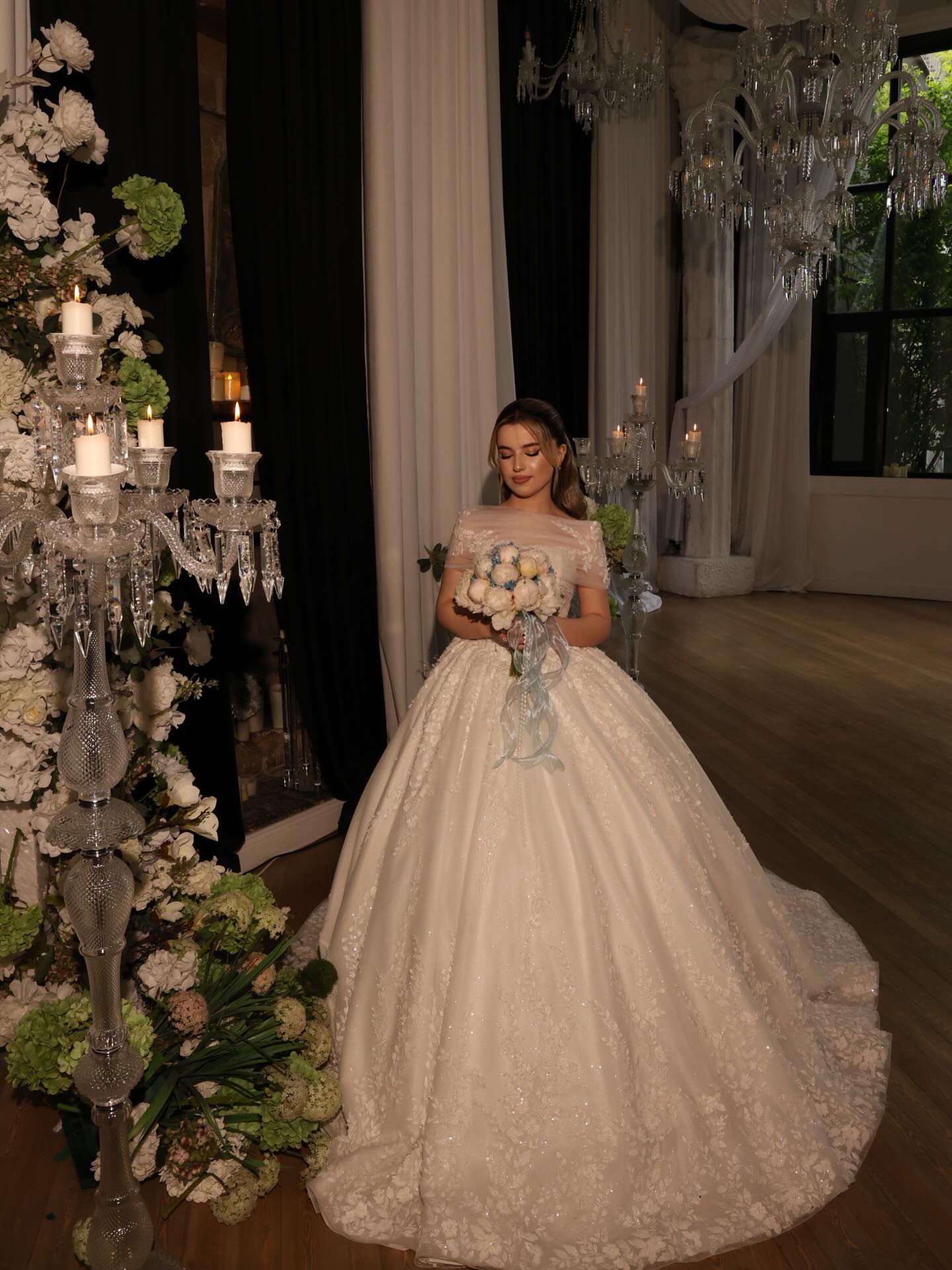 Off-the-Shoulder Illusion Lace Ball Gown Wedding Dress