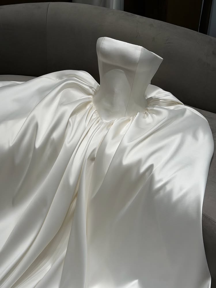 Strapless Satin Ball Gown with Lace Veil