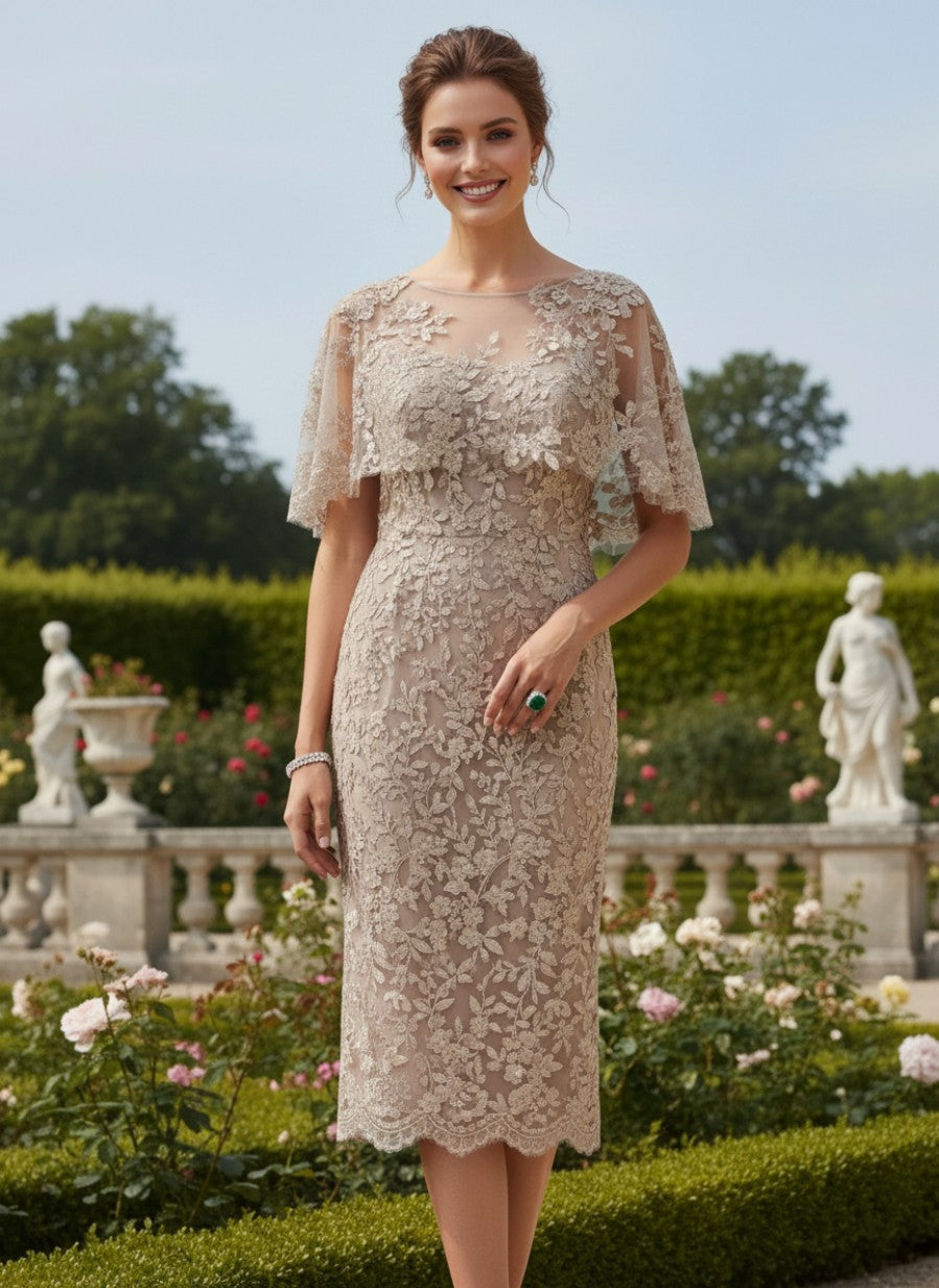 Lace Sheath Midi Dress with Illusion Capelet