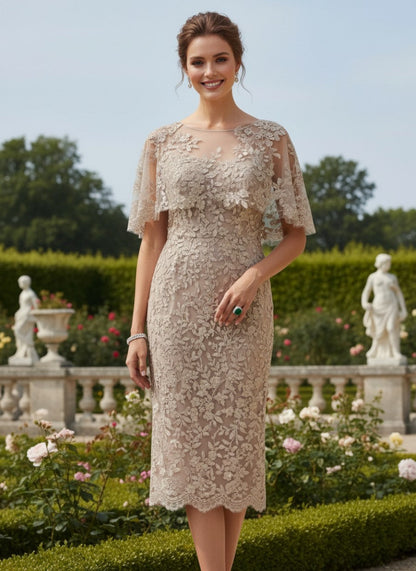 Lace Sheath Midi Dress with Illusion Capelet