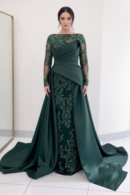 Beaded Sheer Bodice Gown with Draped Overskirt