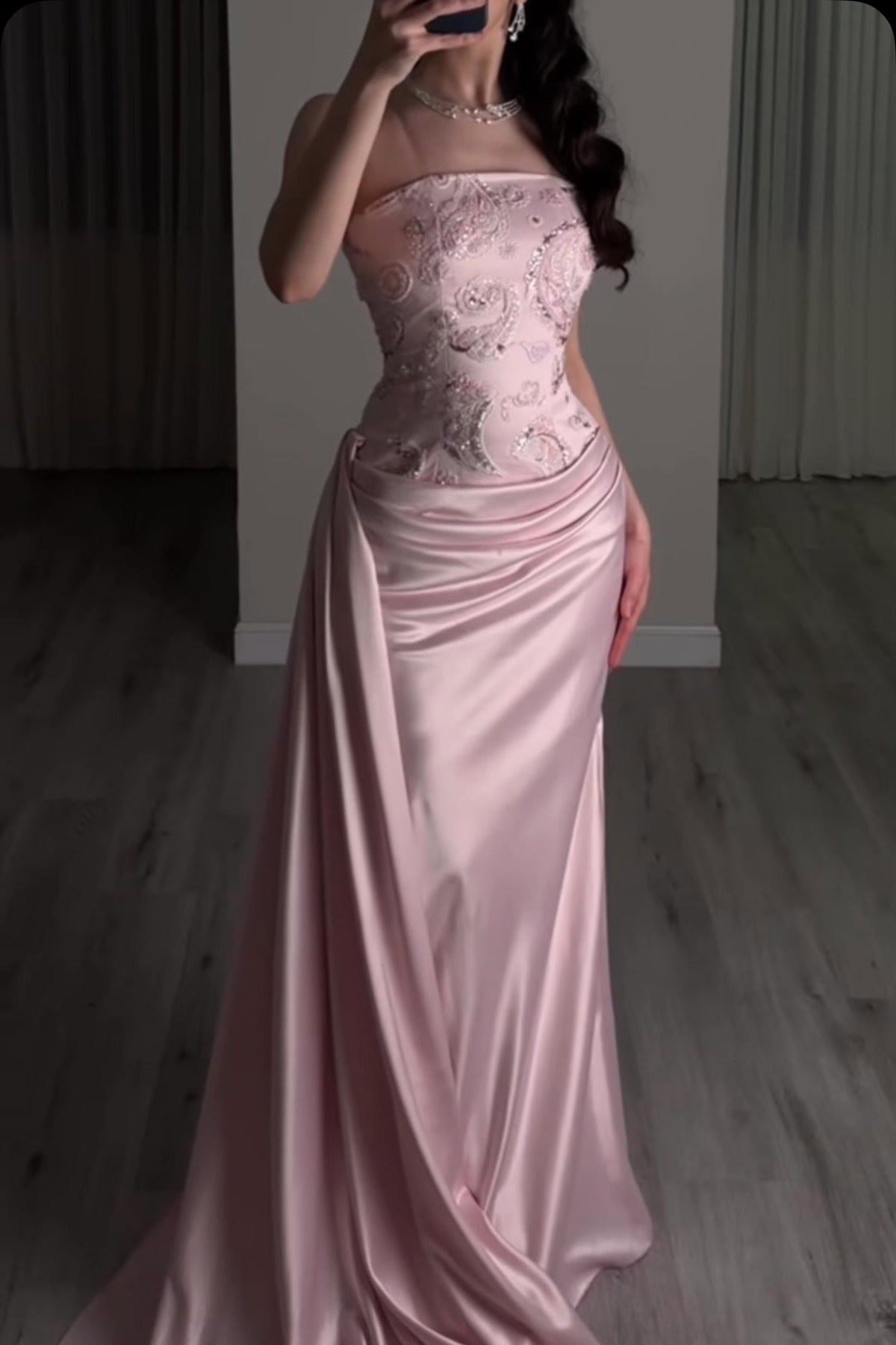 Strapless Embroidered Bodice Draped Satin Gown