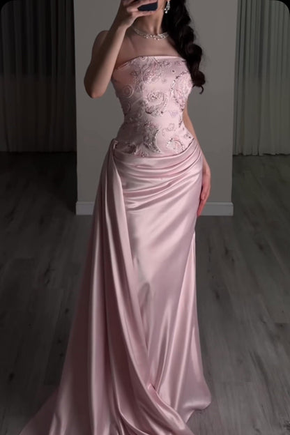 Strapless Embroidered Bodice Draped Satin Gown
