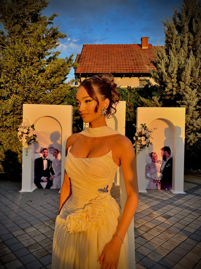 Strapless Ruched Chiffon Evening Gown with Shawl