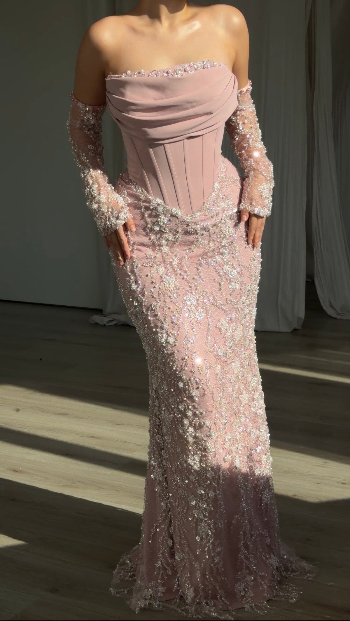 Corset Evening Gown with Beaded Sleeves