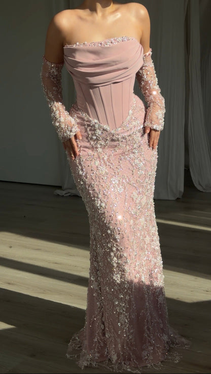 Corset Evening Gown with Beaded Sleeves
