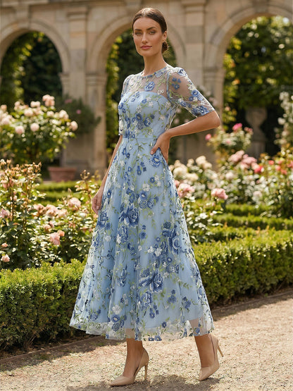 Floral Embroidered Illusion Midi Dress