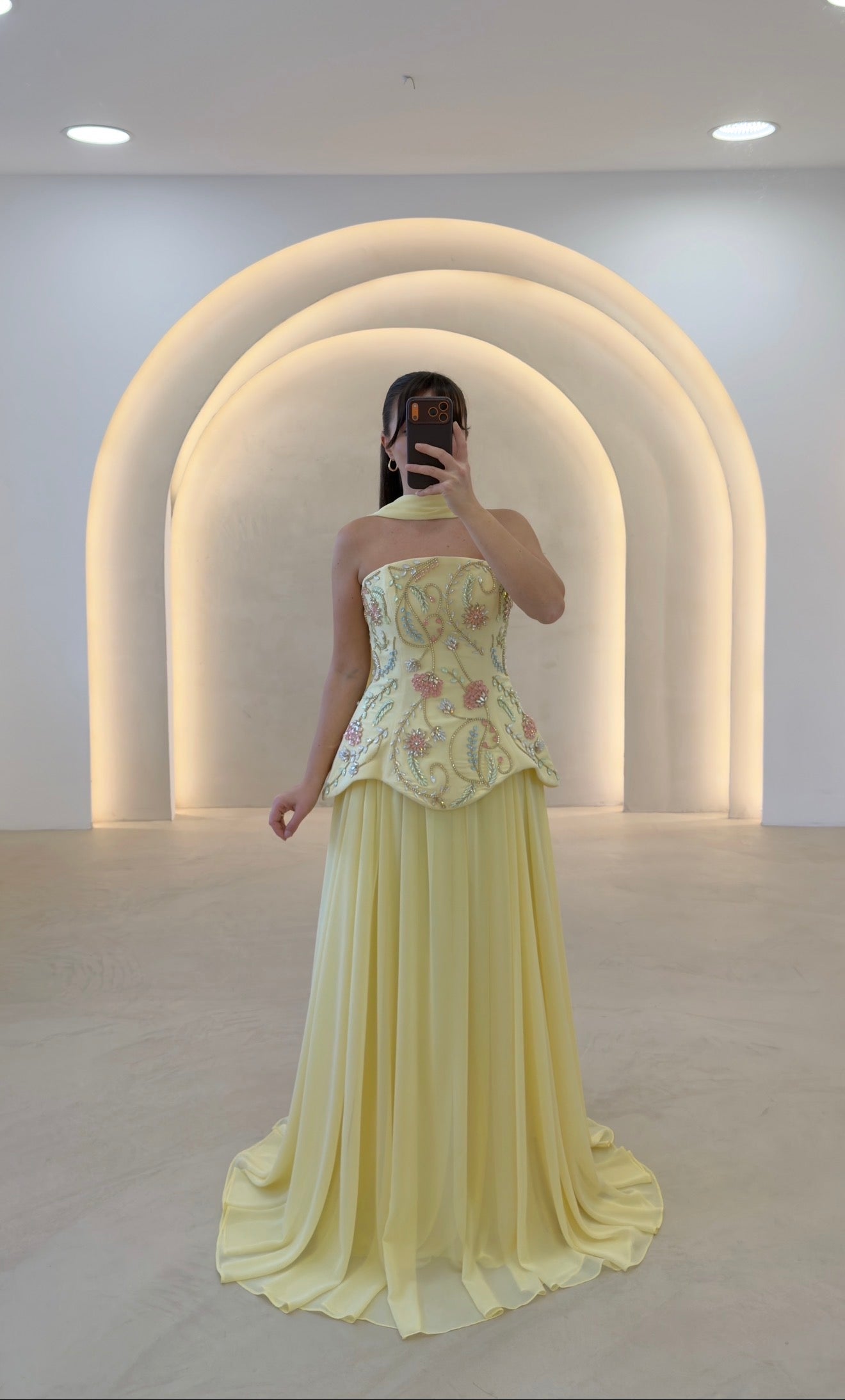 Strapless Floral Embroidered Peplum Chiffon Gown