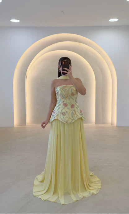 Strapless Floral Embroidered Peplum Chiffon Gown
