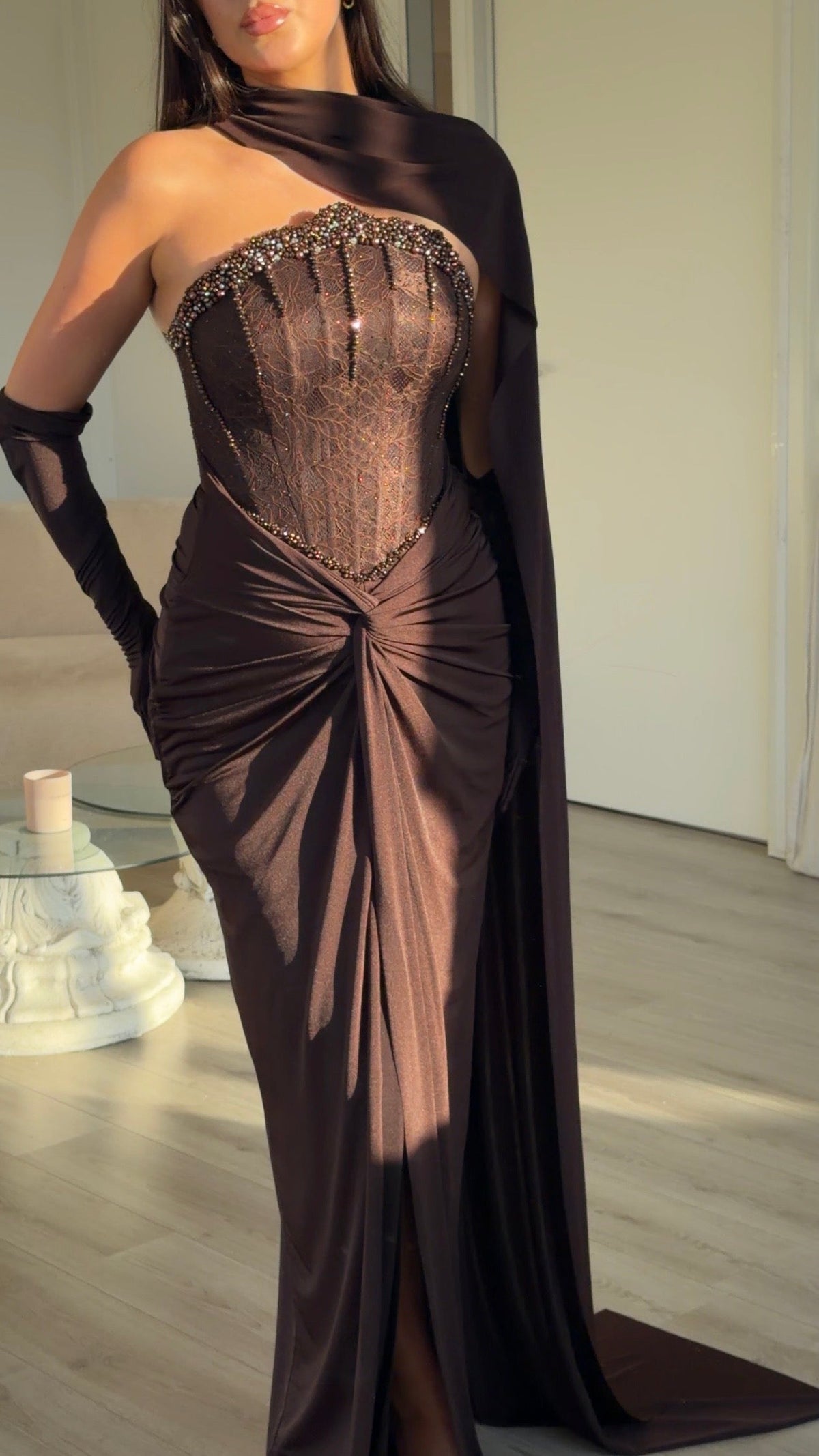 Beaded Corset Gown with Draped Cape and Gloves