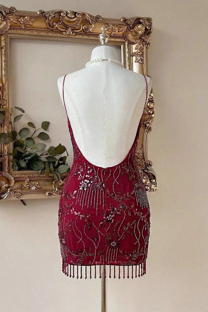 Beaded Fringe Sequin Mini Dress with Low Back