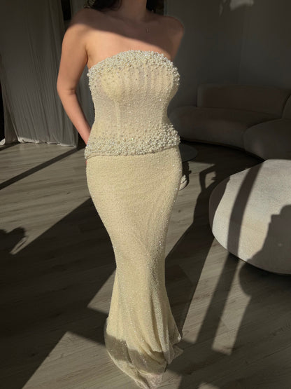 Strapless Pearl Beaded Corset Evening Gown